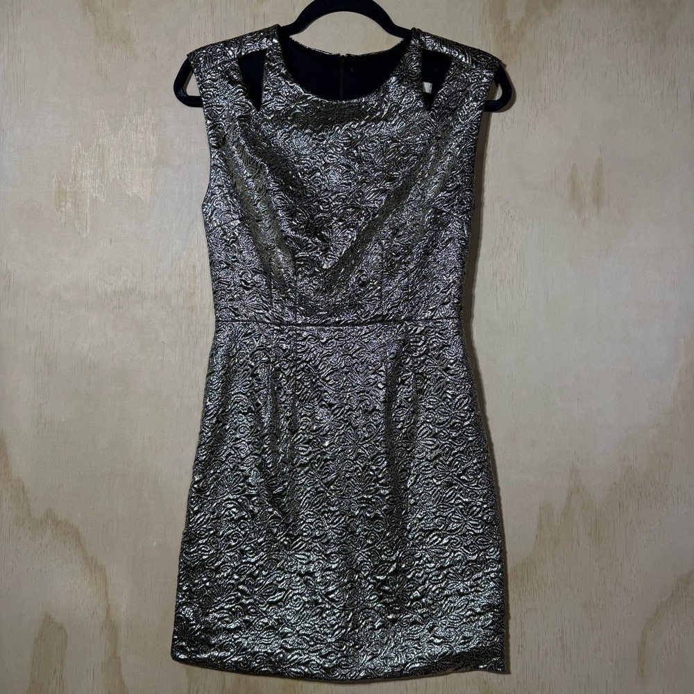 Arden B Silver Metallic Brocade Cocktail Dress Womens Small Party Mini Dress‎